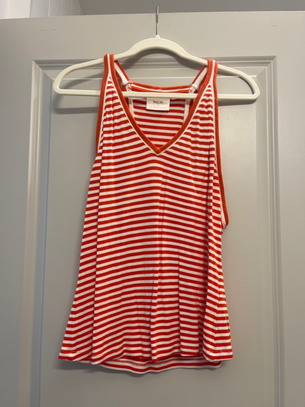 Maeve by Anthropologie Orange & White Striped V-Neck Tank Top
